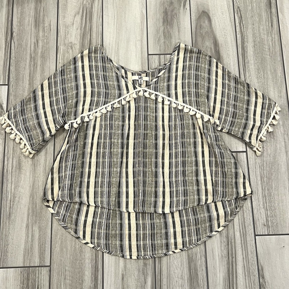 LA Los Angeles Blouse Womens M Black Striped Boho Tassel High Low Excellent
